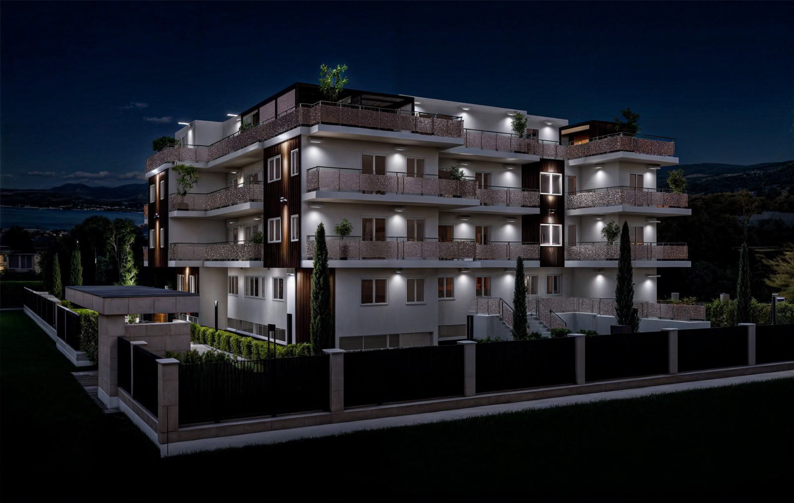 Prospetto notturno di un edificio residenziale seguito da EVISAL a Catanzaro